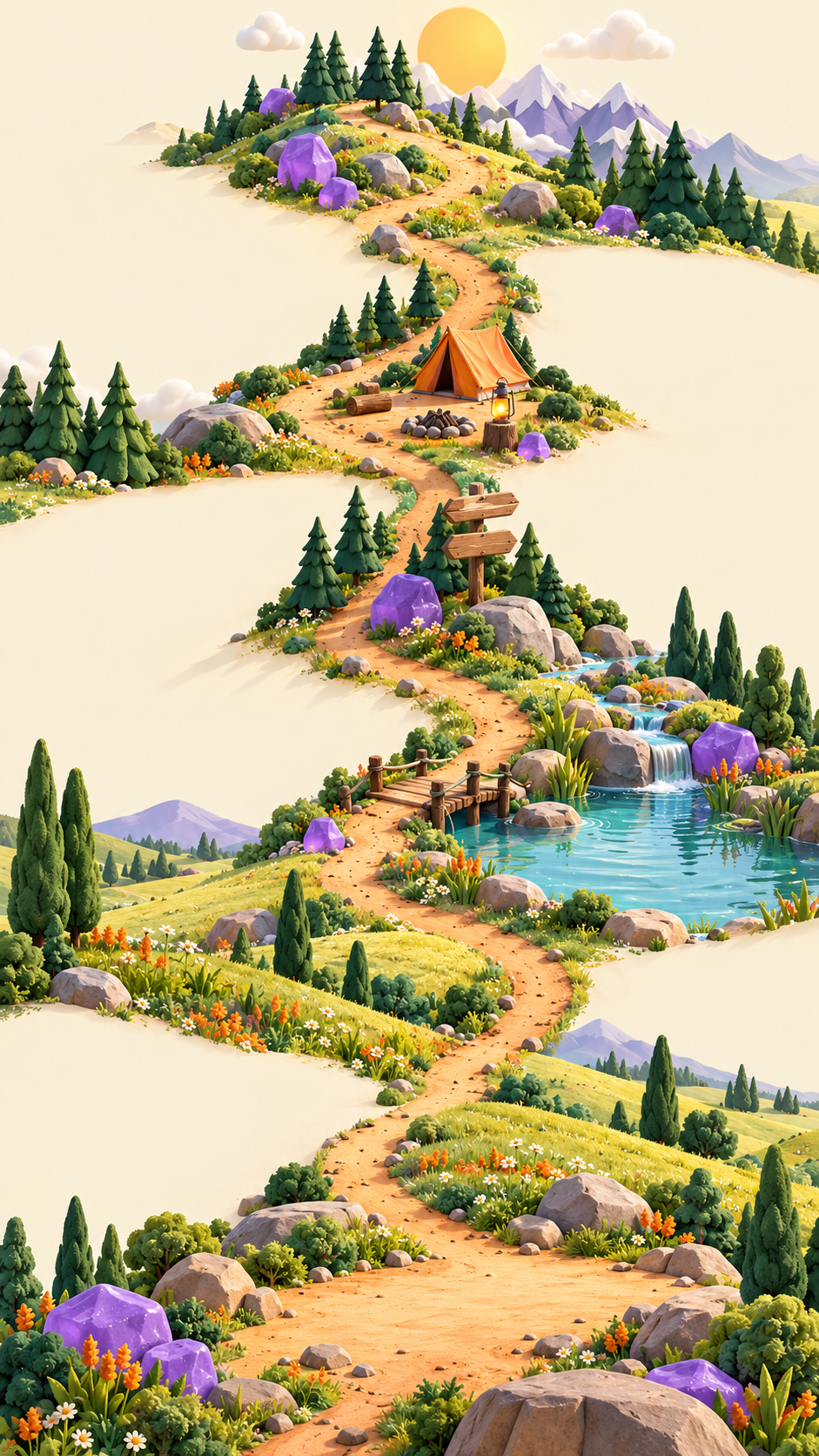 A bright winding trail through sunny hills, campgrounds and a pond